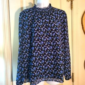 XL J CREW Top Blouse Floral Print Ruffle Neck Long Sleeve